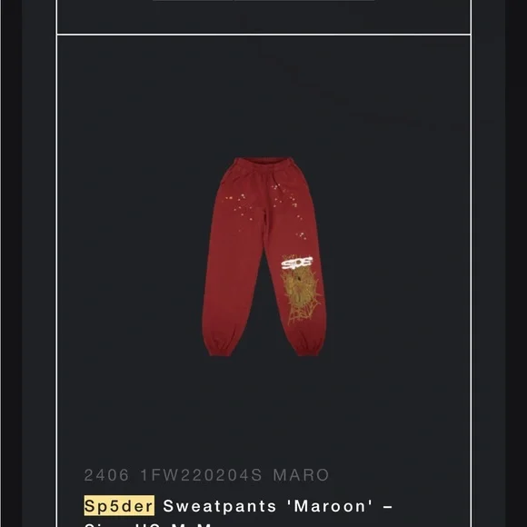 Sp5der Maroon SweatPants Men’s Medium